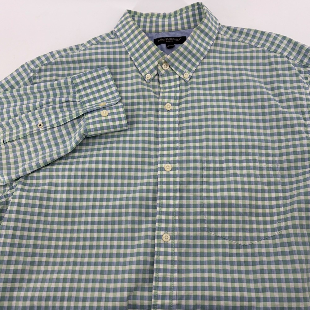 Banana Republic Slim Fit Gingham Button Down Shirt Mens XL Green White Blue